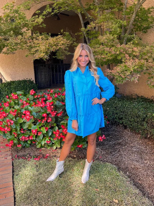 Turquoise Babydoll Mini Dress Comfortable Zip-Up Mini Dress