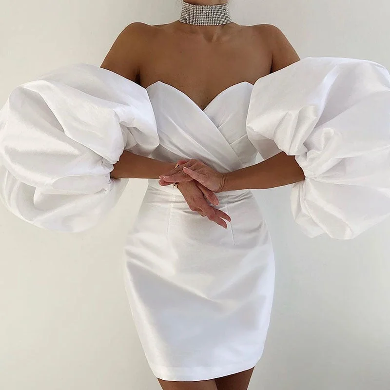 Zjkrl Puff Sleeves Trendy Pink Mini Dress Sexy Off Shoulder  Design Celebrity Party Club Satin Dresses Vestido Cozy Ribbed Mini Dress