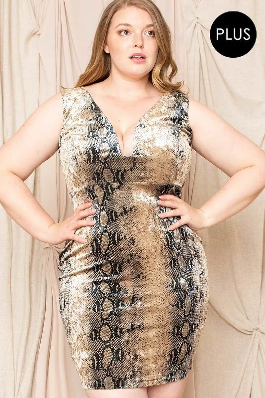 Velour Snake Print Plus Mini Dress in Mocha Fashionable Pleated Mini Dress