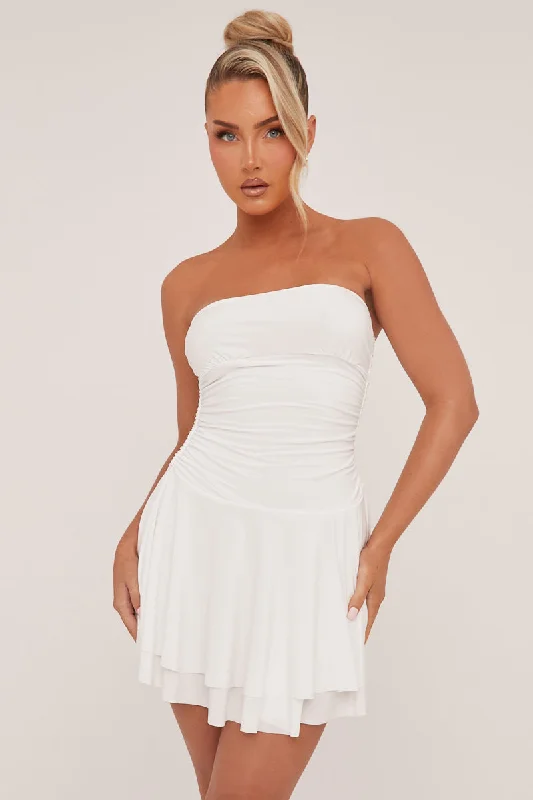 White Bandeau Ruched Skater Mini Dress - Sifan Cozy Knit Mini Dress