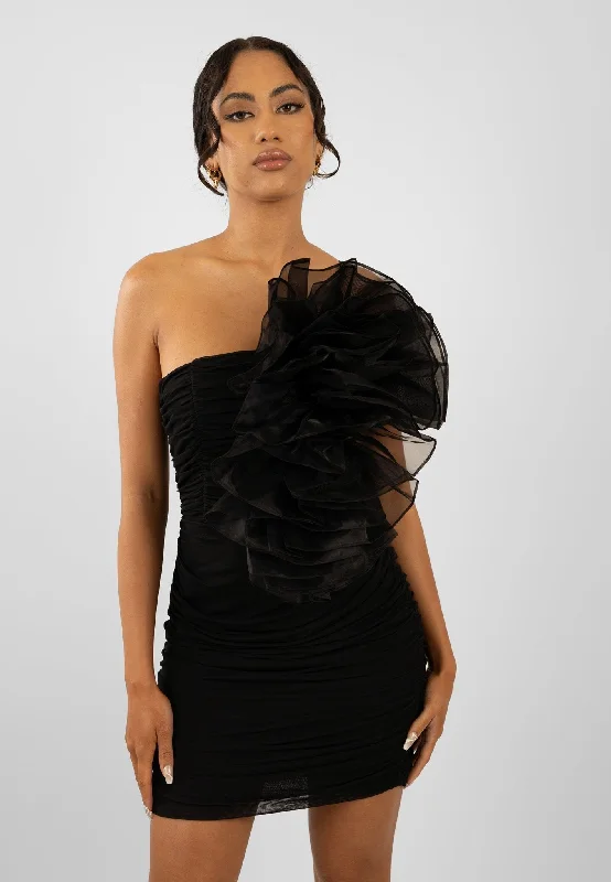 Yila Ruched Bodycon Mini Dress with Mesh Flower Design Elegant Off-Shoulder Dress Mini