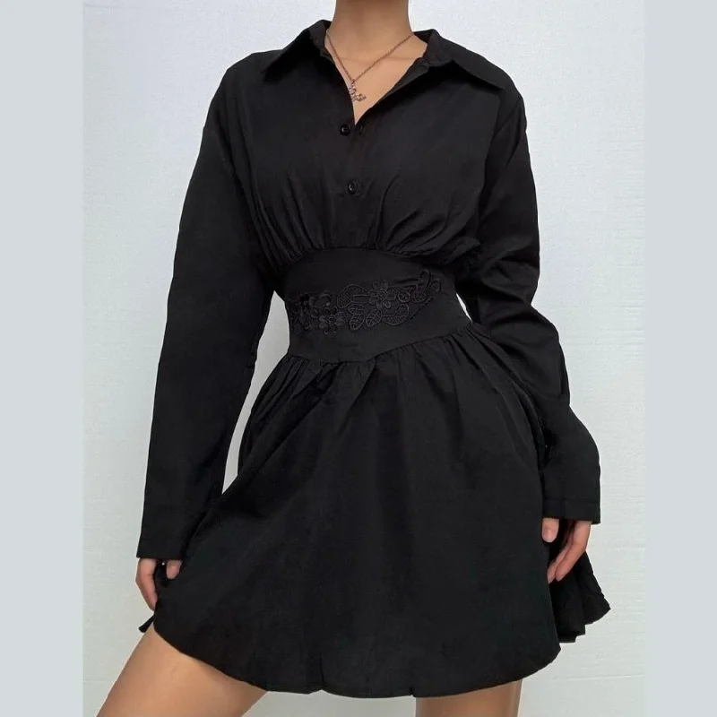 Zip-up long sleeve turnover collar embroidery mini dress Classic Floral Print Mini Dress