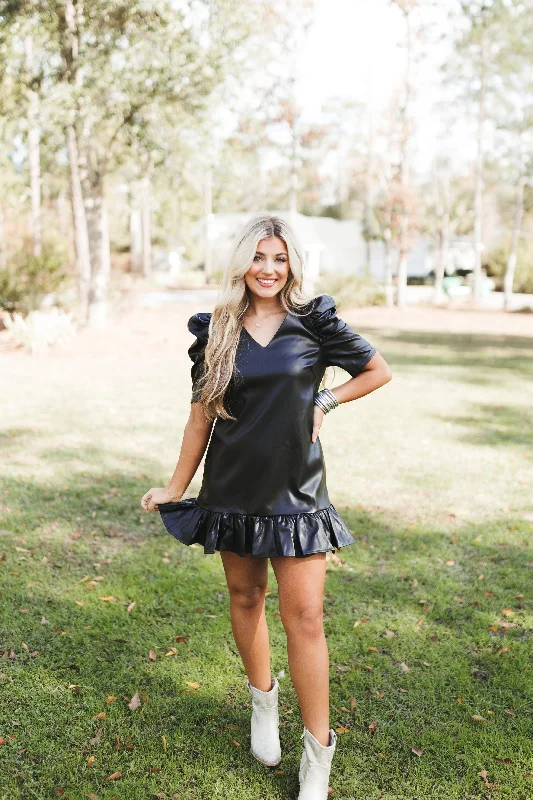 Black V-Neck Puff Sleeve Leather Mini Dress Comfortable Bodycon Mini Dress