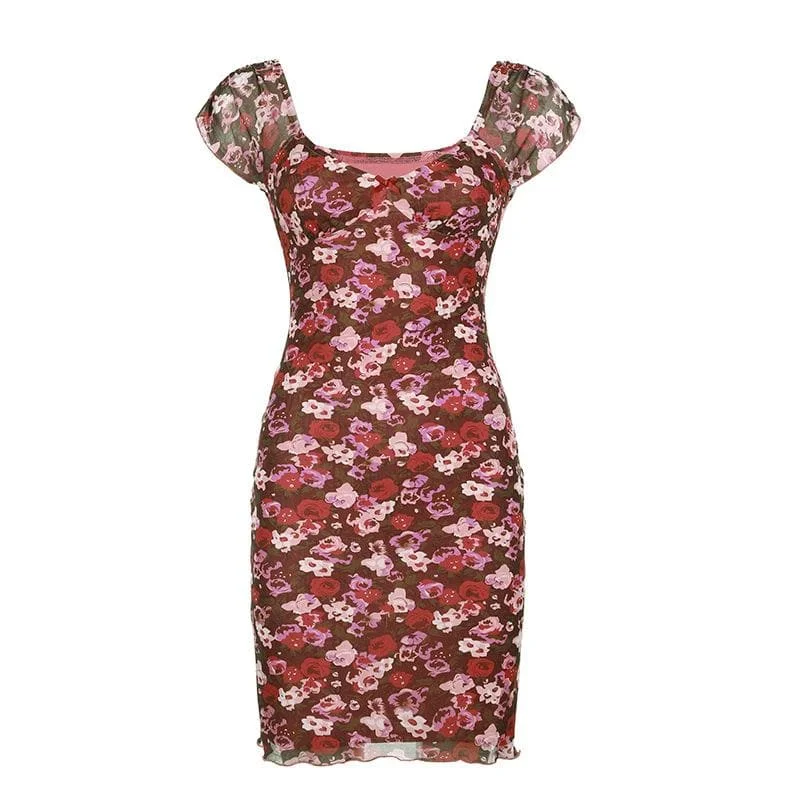 Cap sleeve print bowknot mesh mini dress Elegant Mini Dress with Ruffles