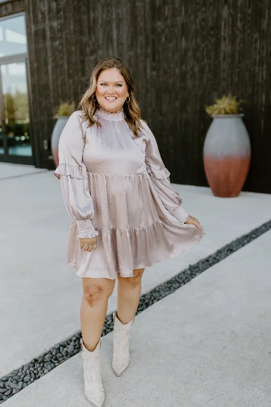 Champagne Smocked Mock Neck Tiered Mini Dress Casual V-Neck Mini Dress