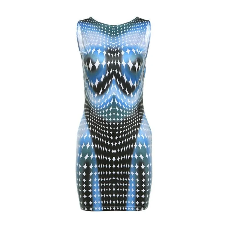 Crewneck body print backless mini dress Comfortable Smocked Mini Dress