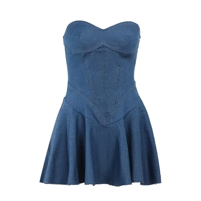Denim sweetheart neck stitch ruched tube mini dress Stylish Puff Sleeve Mini Dress