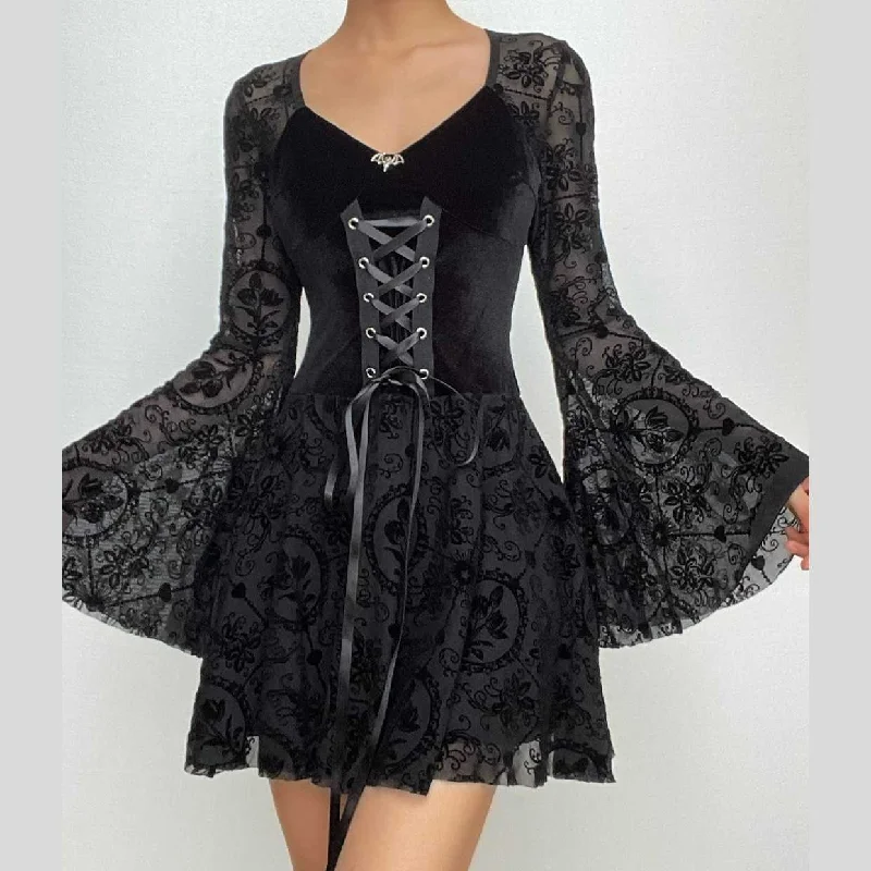 Flared sleeve velvet lace up solid patchwork mini dress Cozy A-Line Mini Dress