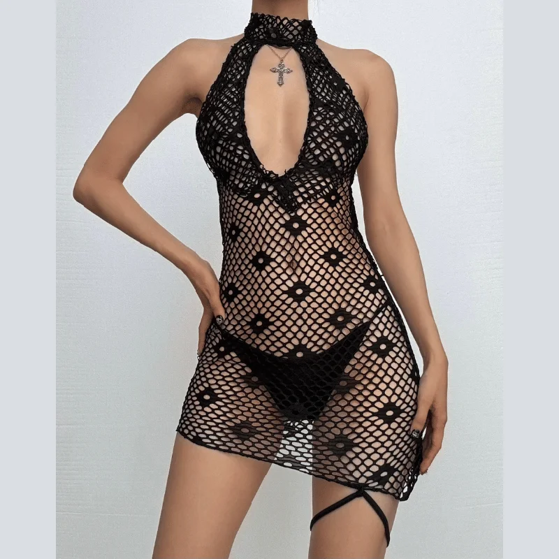 Halter knitted fishnet see through irregular mini dress Elegant Lace Mini Dress