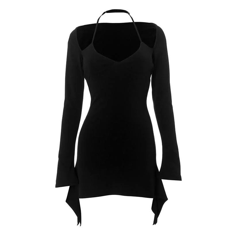 Halter long sleeve v neck hollow out cut out mini dress Cozy Ruched Mini Dress