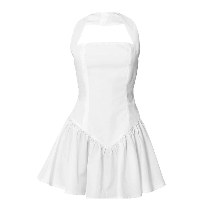 Halter ruched backless stitch zip-up mini dress Trendy Denim Mini Dress