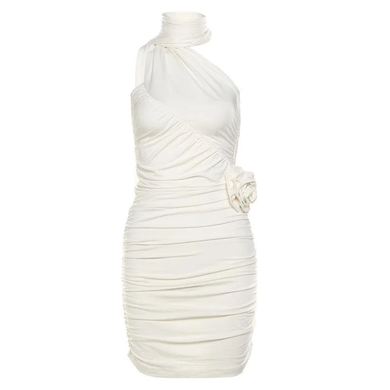 Halter ruched flower applique backless mini dress Cozy Long Sleeve Mini Dress
