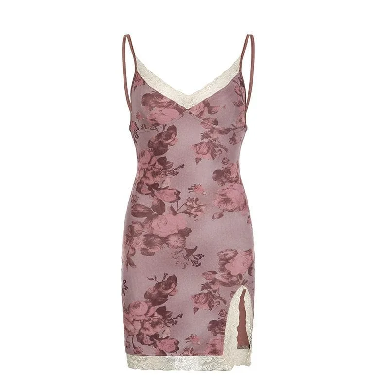 Lace hem slit v neck rose print cami mini dress Stylish Spaghetti Strap Mini Dress