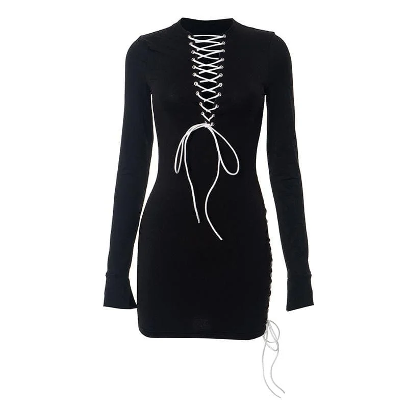 Lace up contrast long sleeve irregular crewneck mini dress Comfortable Linen Mini Dress