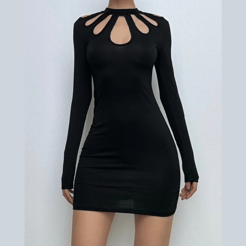Long sleeve crewneck hollow out cut out mini dress Trendy Bodycon Mini Dress