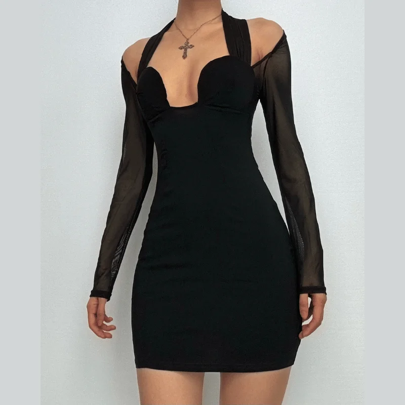 Long sleeve halter mesh zip-up mini dress Trendy Button-Detail Mini Dress