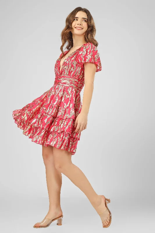 Madison Bright Pink Metallic Printed Mini Dress Classic Floral Mini Dress