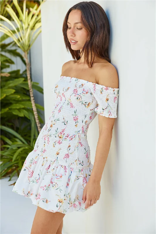 Mimi Off Shoulder Mini Dress Beige Comfortable Ruffle Mini Dress