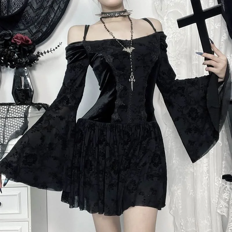 Off shoulder long flared sleeve velvet mini dress Fashionable A-Line Mini Dress