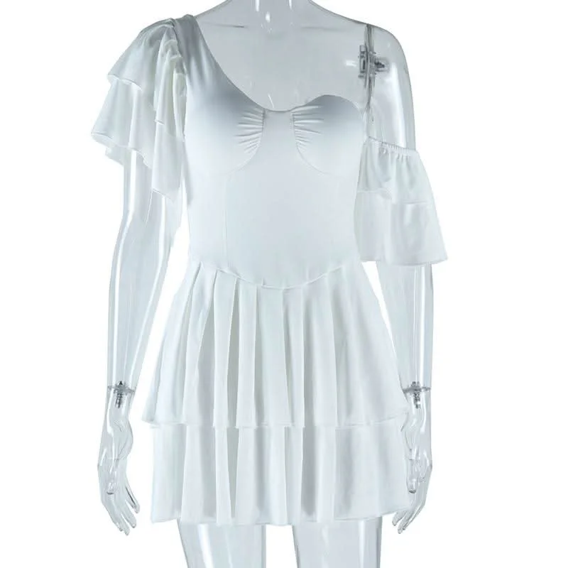 Off shoulder padded solid ruffle mini dress Modern Satin Mini Dress