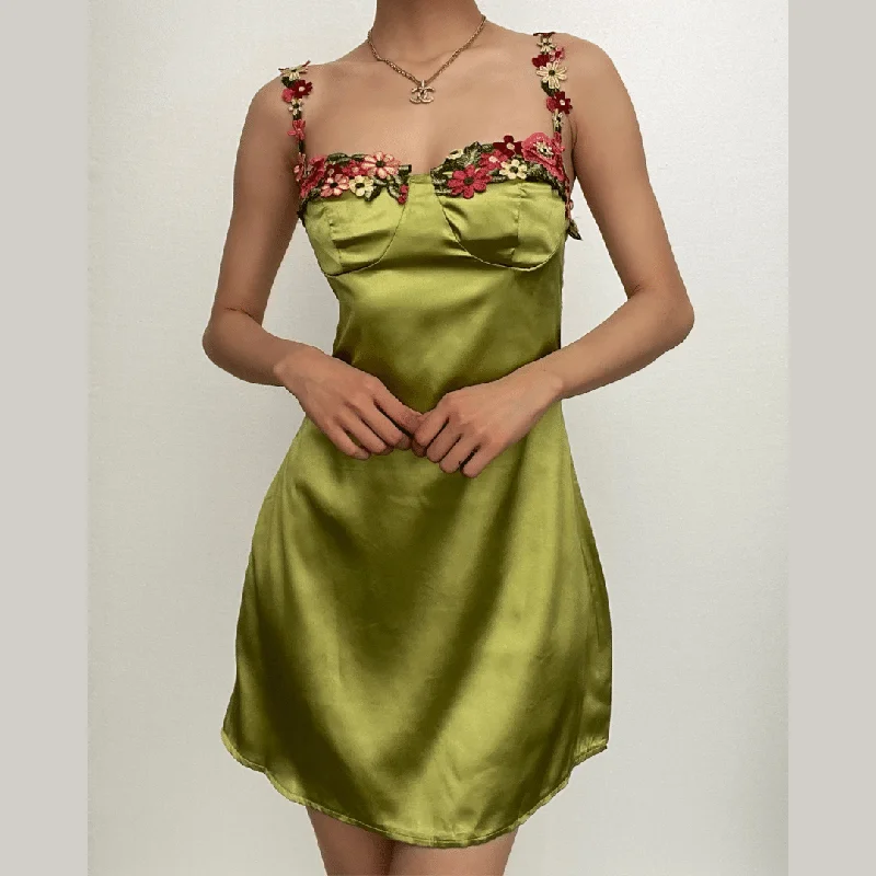 Satin flower applique contrast zip-up cami mini dress Fashionable Button-Front Mini Dress