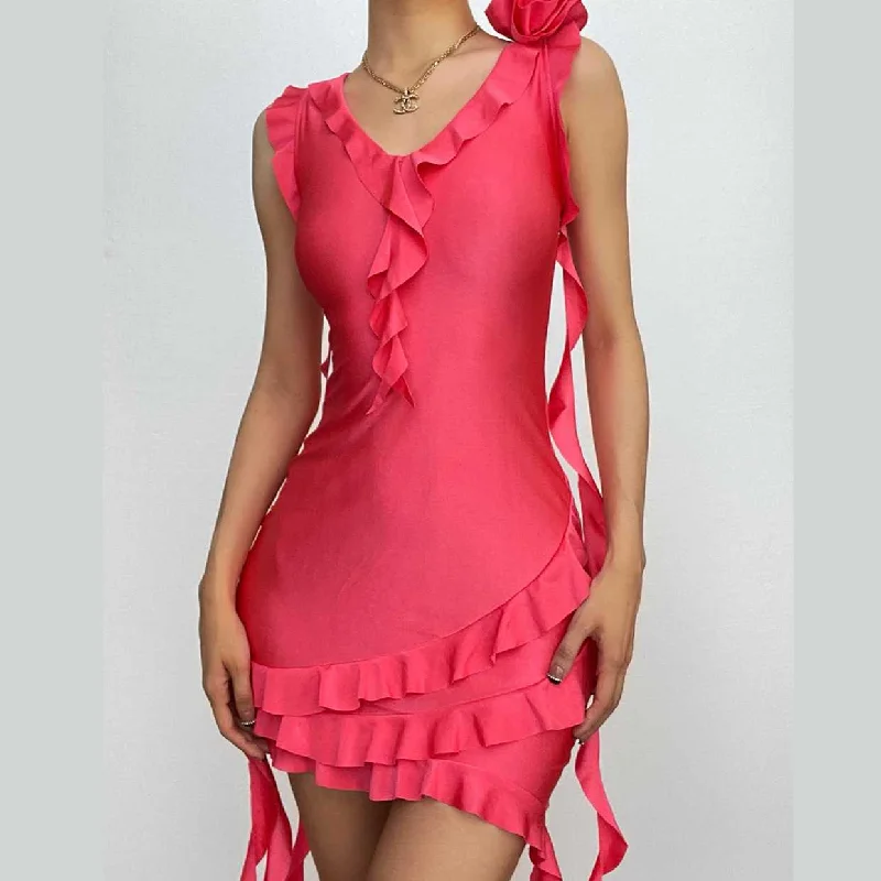 Sleeveless v neck ruffle flower applique ribbon mini dress Elegant Mini Dress with Pleats Sleeveless v neck ruffle flower applique ribbon mini dress Elegant Mini Dress with Pleats
