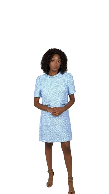 Blue Tweed Double Pocket Mini Dress Modern Satin Mini Dress