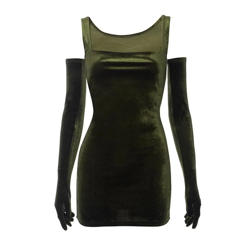 Velvet sleeveless gloves solid square neck mini dress Fashionable Denim Mini Dress