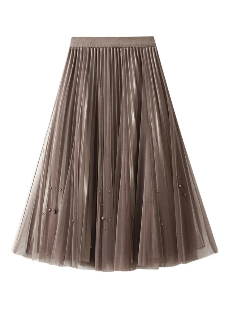 BEADED PLEATED SKIRT HIGH WAIST GAUZE SKIRT seamless skirt comfort