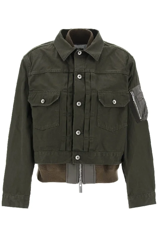 Layered Denim Jacket  - Khaki Embroidered Jacket Appliqued Jacket Beaded Jacket