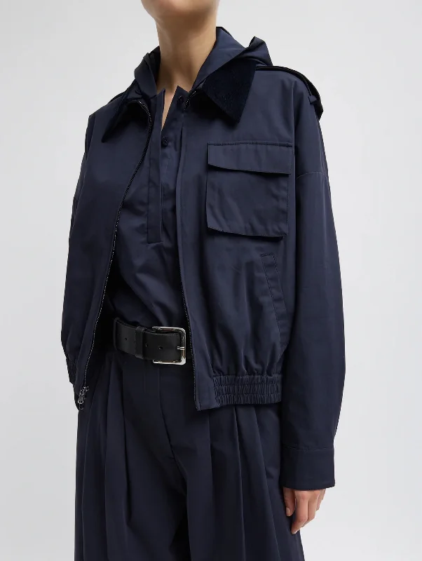 Bio Twill Bomber Jacket in Dark Navy Front Pockets Side Pockets Patch Pockets