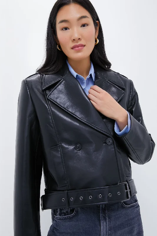 Black Recycled Leather Simone Jacket Hoodie Zip-Up Jacket Button-Up Jacket