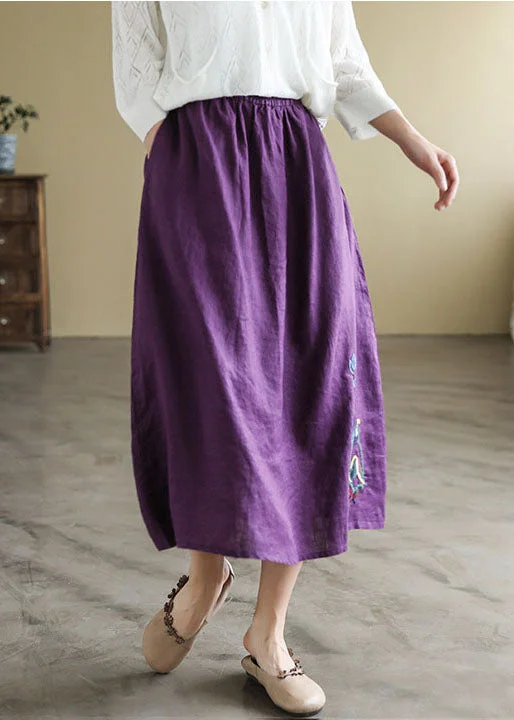 Bohemian Black Elastic Waist Embroideried Linen A Line Skirts Spring lightweight skirt design