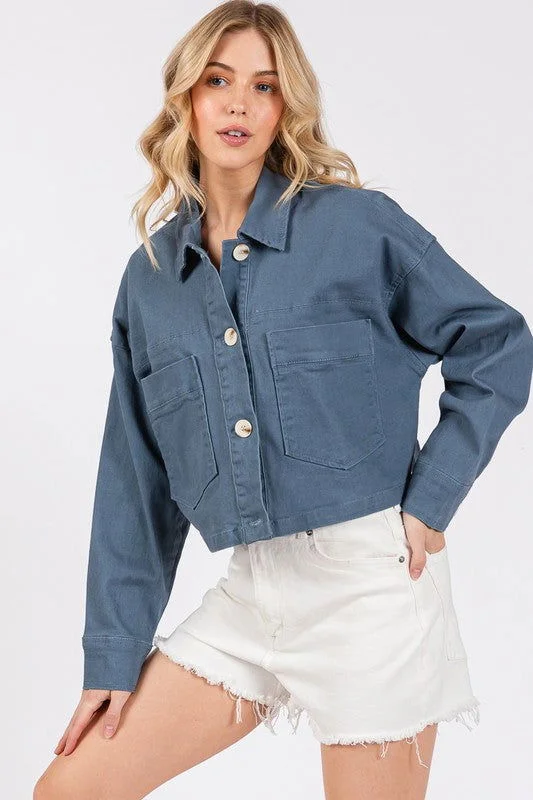 bytos Button Down Cropped Denim Jacket with Patch Pockets In French Blue Wool Jacket Cashmere Jacket Tweed Jacket