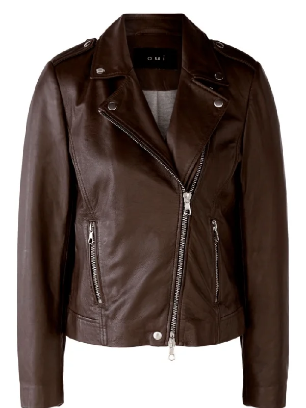 Oui Dark Brown Leather Liberty Biker Jacket 80129 Col 8762 Wool Jacket Cashmere Jacket Tweed Jacket Oui Dark Brown Leather Liberty Biker Jacket 80129 Col 8762 Wool Jacket Cashmere Jacket Tweed Jacket