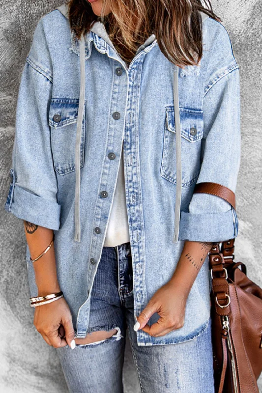 Distressed Button Up Hooded Denim Jacket with Pockets Insulated Jacket Fitted Jacket Loose Jacket
