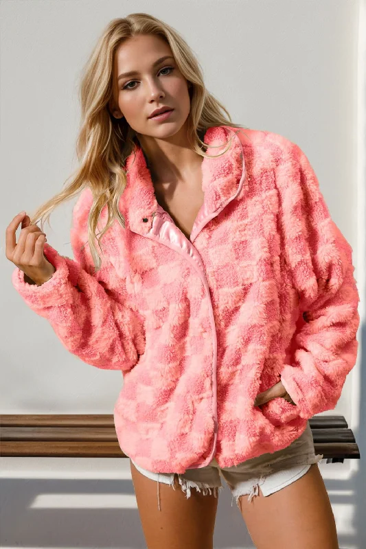 Double Take Checkered Long Sleeve Fuzzy Jacket Front Pockets Side Pockets Patch Pockets Double Take Checkered Long Sleeve Fuzzy Jacket Front Pockets Side Pockets Patch Pockets