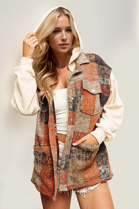 Double Take Contrast Long Sleeve Hooded Plaid Jacket Stand-Up Collar Roll-Neck Collar Turtle Neck Double Take Contrast Long Sleeve Hooded Plaid Jacket Stand-Up Collar Roll-Neck Collar Turtle Neck