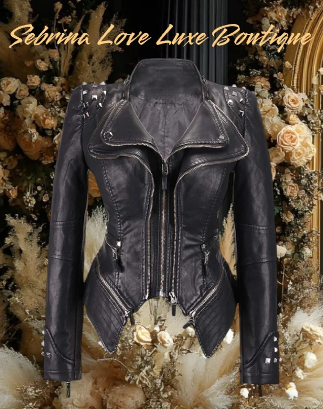 Edgy Black Studded Faux Leather Rocker Biker Jacket Faux Fur Fabric Real Fur Fabric Shearling Fabric Edgy Black Studded Faux Leather Rocker Biker Jacket Faux Fur Fabric Real Fur Fabric Shearling Fabric