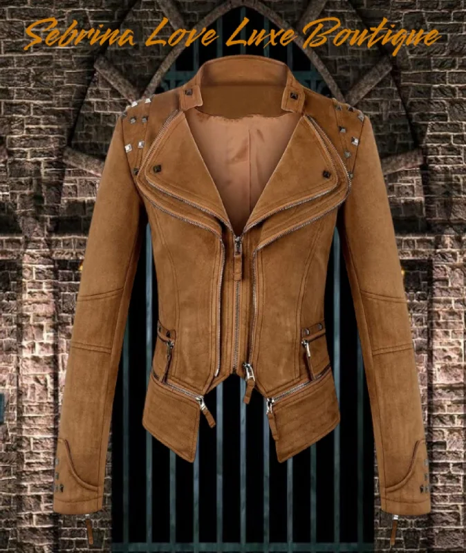 Edgy Walnut Brown Studded Faux Suede Rocker Biker Jacket V-Neck Jacket Boat Neck Jacket Square Neck Jacket Edgy Walnut Brown Studded Faux Suede Rocker Biker Jacket V-Neck Jacket Boat Neck Jacket Square Neck Jacket