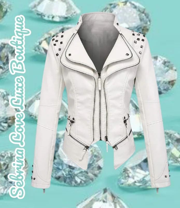 Edgy White Studded Faux Leather Rocker Biker Jacket Wool Jacket Cashmere Jacket Tweed Jacket Edgy White Studded Faux Leather Rocker Biker Jacket Wool Jacket Cashmere Jacket Tweed Jacket