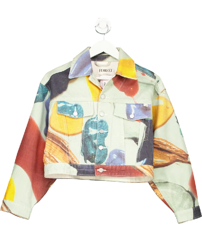 FIORUCCI Multicoloured Paint Print Cropped Denim Jacket UK S Belted Jacket Elasticated Jacket Padded Jacket FIORUCCI Multicoloured Paint Print Cropped Denim Jacket UK S Belted Jacket Elasticated Jacket Padded Jacket