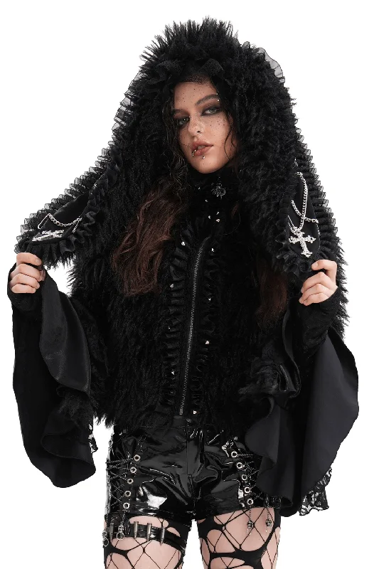 Gothic Black Hooded Jacket with Lace and Fur Details Chenille Fabric Brocade Fabric Lace Fabric Gothic Black Hooded Jacket with Lace and Fur Details Chenille Fabric Brocade Fabric Lace Fabric