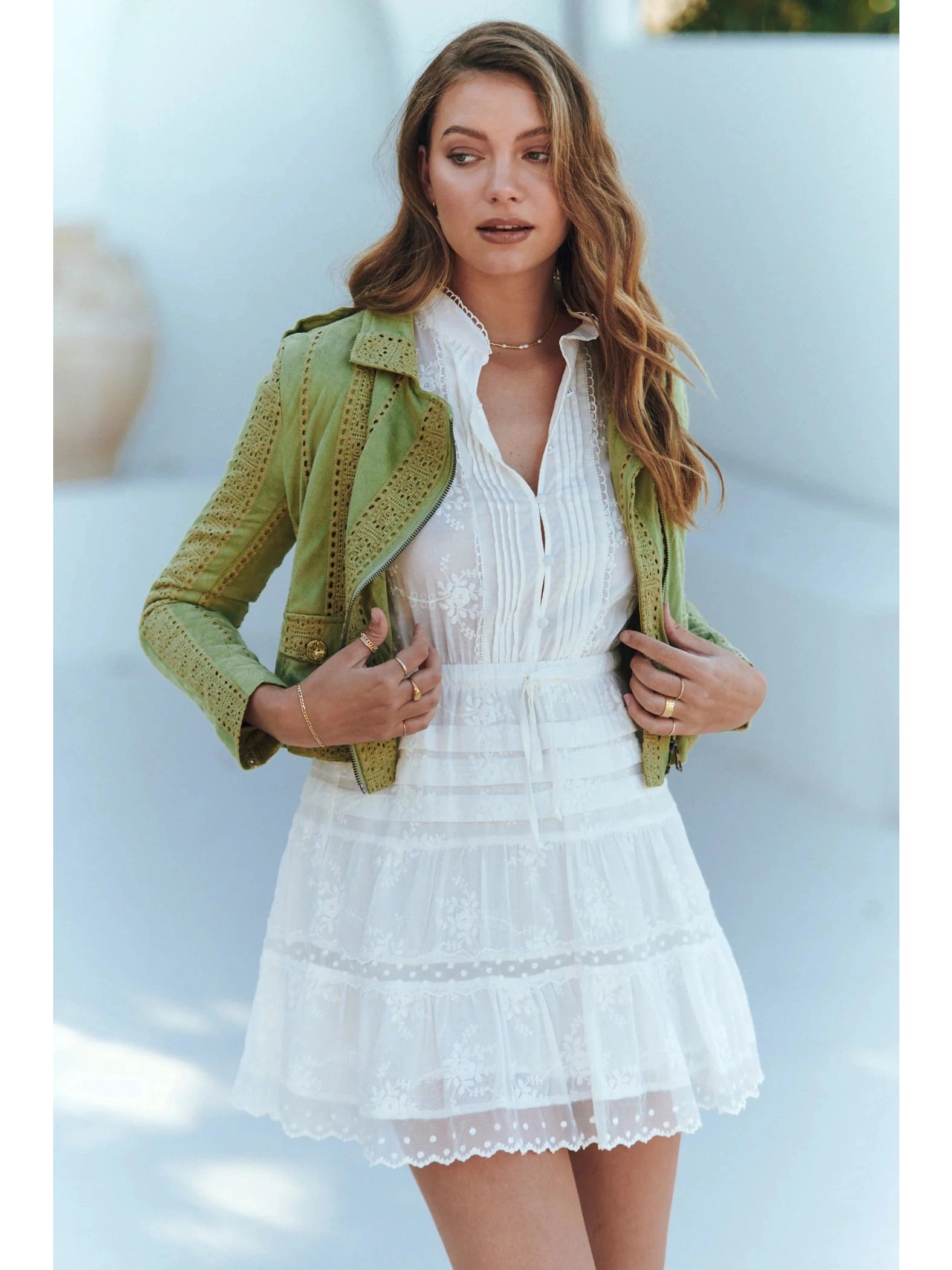JAASE Pistachio Faux Suede Jodi Jacket Zip Front Button Front Snap Front