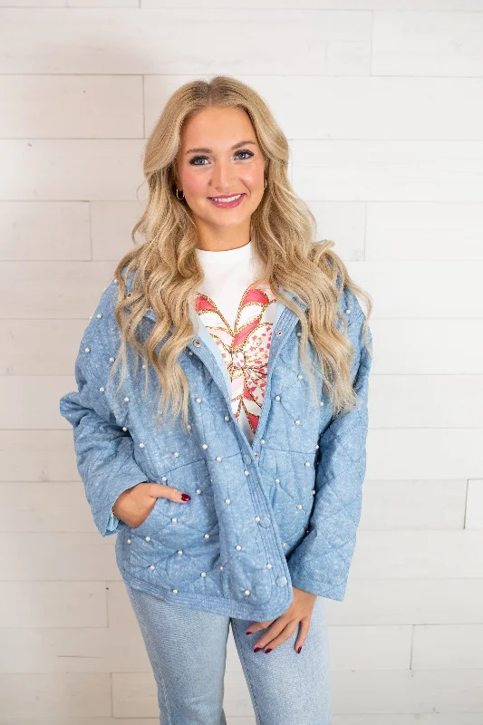 J.nna Quilted Pearl Beaded Jacket-Uranian Blue Front Pockets Side Pockets Patch Pockets J.nna Quilted Pearl Beaded Jacket-Uranian Blue Front Pockets Side Pockets Patch Pockets