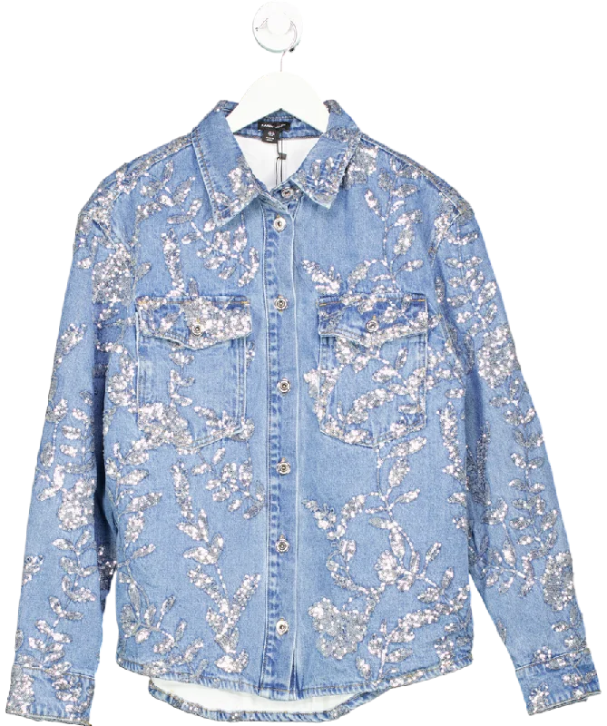 Karen Millen Blue Denim All Over Floral Sequin Jacket UK 10 Front Pockets Side Pockets Patch Pockets Karen Millen Blue Denim All Over Floral Sequin Jacket UK 10 Front Pockets Side Pockets Patch Pockets