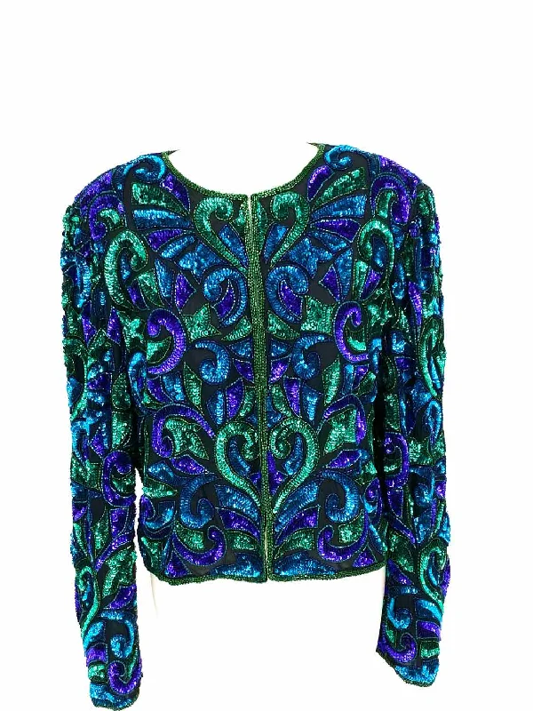 Laurence Kazar Women's Green/Blue Evening Silk Sequined Size L Jacket Embroidered Jacket Appliqued Jacket Beaded Jacket Laurence Kazar Women's Green/Blue Evening Silk Sequined Size L Jacket Embroidered Jacket Appliqued Jacket Beaded Jacket