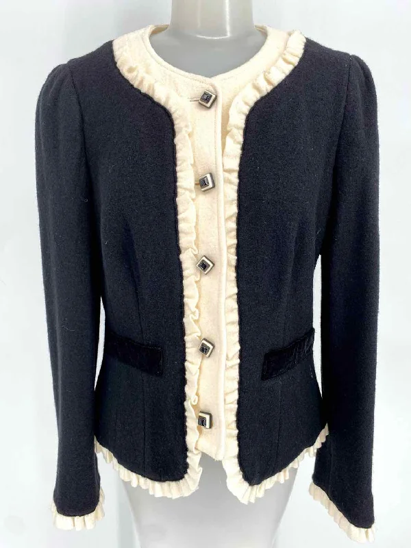 Luisa Spagnoli Women's Black/Ivory Button Down Wool Ruffled Size 44/S Jacket Tailored Jacket Straight Jacket A-Line Jacket Luisa Spagnoli Women's Black/Ivory Button Down Wool Ruffled Size 44/S Jacket Tailored Jacket Straight Jacket A-Line Jacket