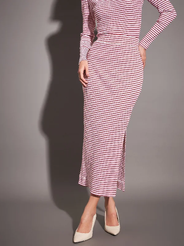 Lyush Women Red & White Striped Rib Pencil Skirt denim skirt trendy