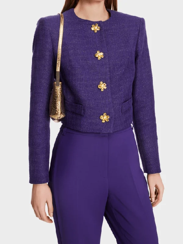 Marc Cain Glam Short Jacket In Deep Purple With Decorative Buttons XG 31.01 W08 COL 748 Chenille Jacket Brocade Jacket Lace Jacket Marc Cain Glam Short Jacket In Deep Purple With Decorative Buttons XG 31.01 W08 COL 748 Chenille Jacket Brocade Jacket Lace Jacket